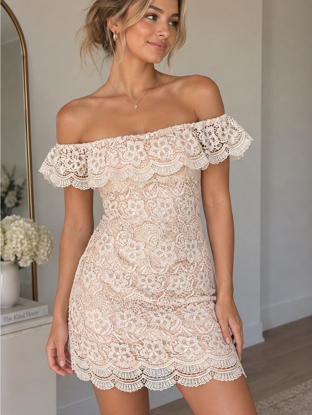 L’ATISTE by Amy Lace Off Shoulder Mini Dress Small Ivory Blush Floral